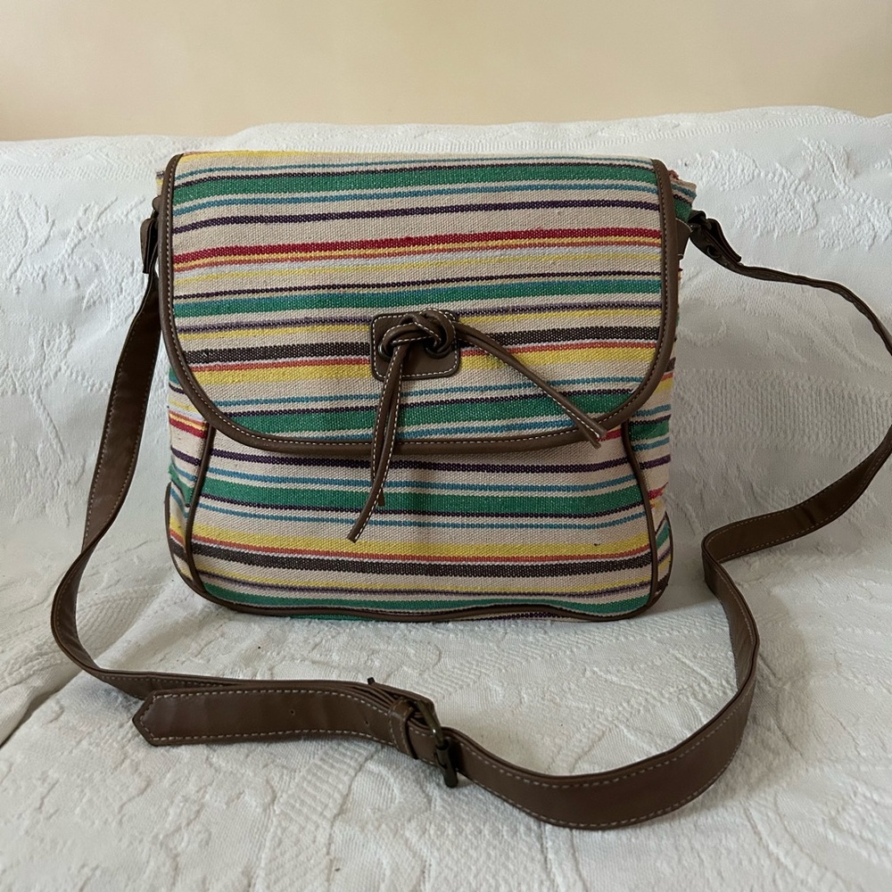 Unique Olsenboye Striped Cotton and Taupe Faux Leather Messanger Style Crossbody